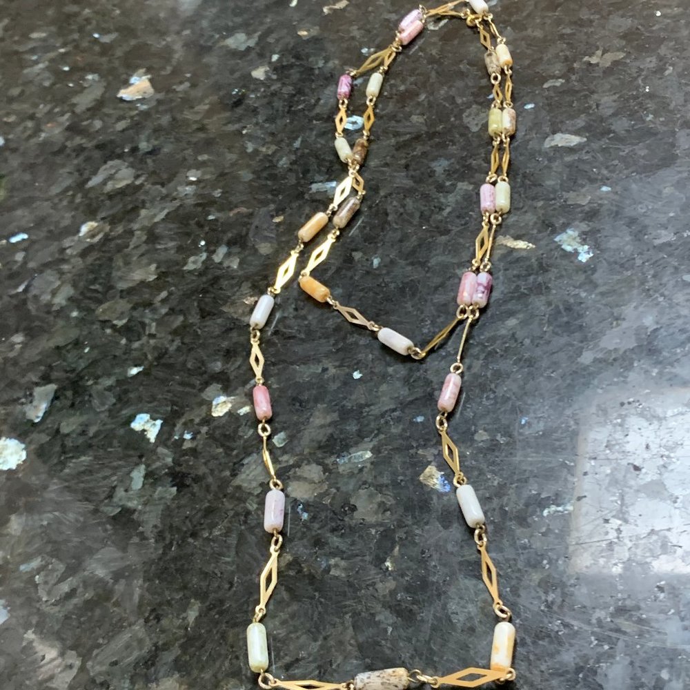 very long gold tone and glass bead necklace 48"